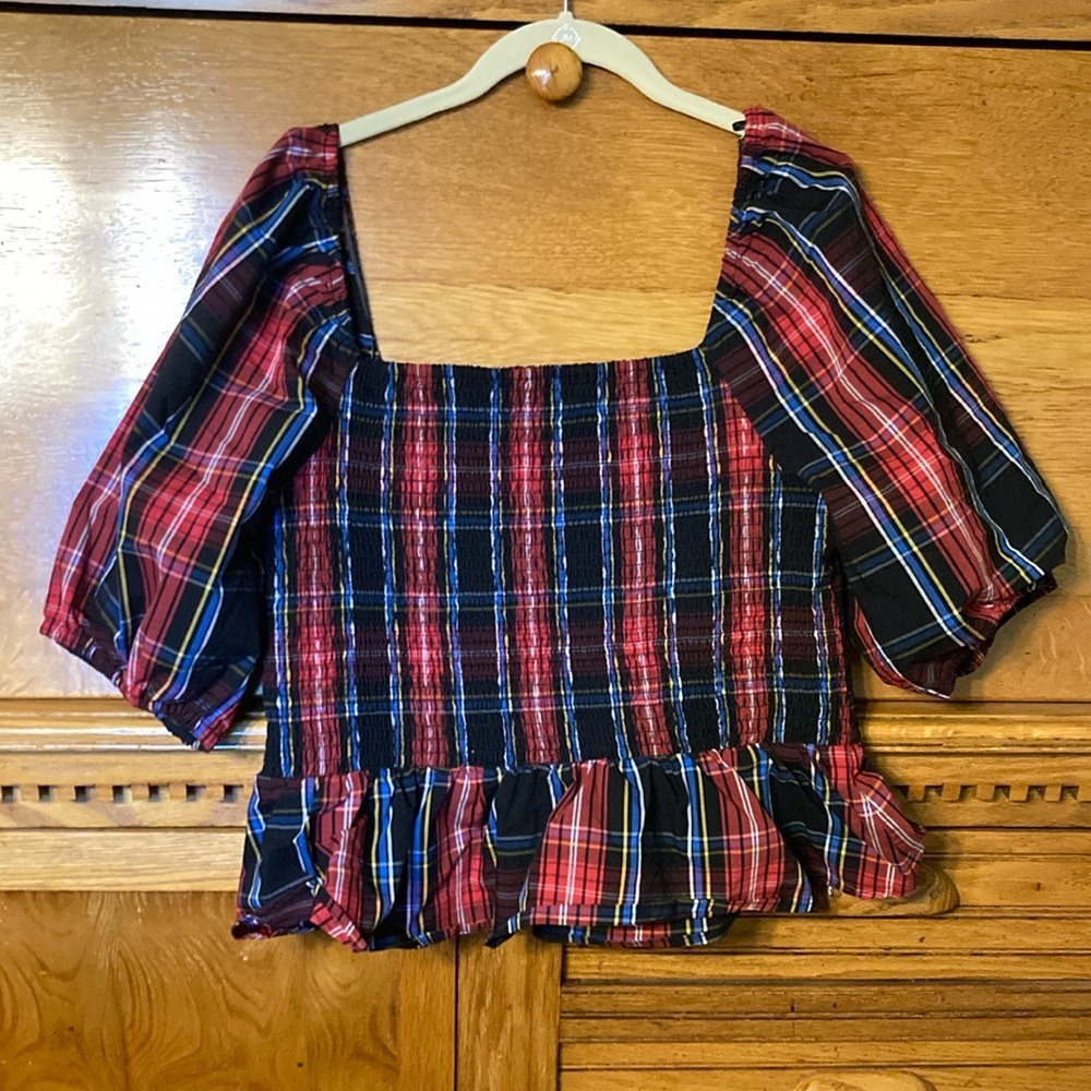 Draper James RSVP Preppy Red Plaid Smocked Peplum Top Puff Sleeve Square Neck L